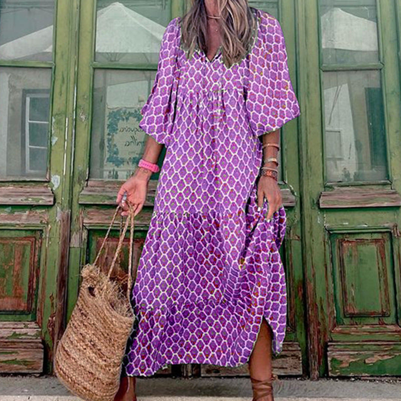 Women Summer Short Sleeve V Neck Casual Loose Beach Dress Ladies Long  Dresses