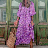 Women Summer Short Sleeve V Neck Casual Loose Beach Dress Ladies Long  Dresses