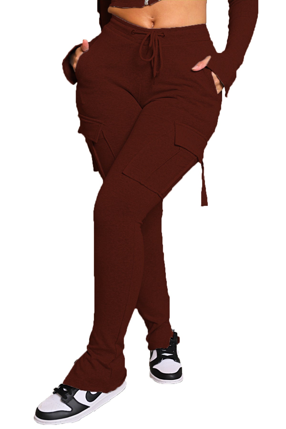Womens Cargo Pants With 6 Pockets High Waist Drawstring Wide Leg Straight Trousers