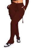 Womens Cargo Pants With 6 Pockets High Waist Drawstring Wide Leg Straight Trousers