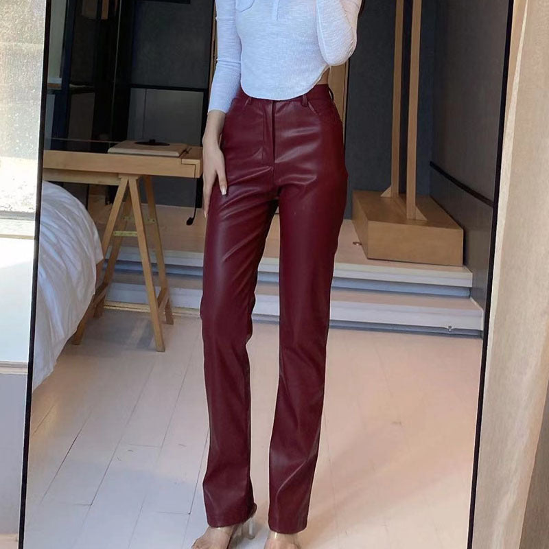 Women's Leather High Waist  Straight Leg Jeans Look Pants