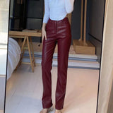 Women's Leather High Waist  Straight Leg Jeans Look Pants