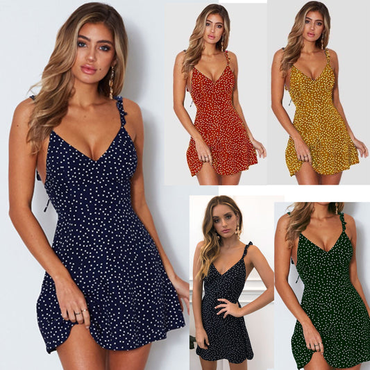 Womens Polka-dot Strappy Dress Women Summer Fashion Beach Sundress