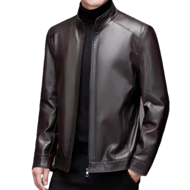 Mens Leather Jacket Stand Collar Men Fleece-lined