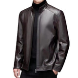 Mens Leather Jacket Stand Collar Men Fleece-lined
