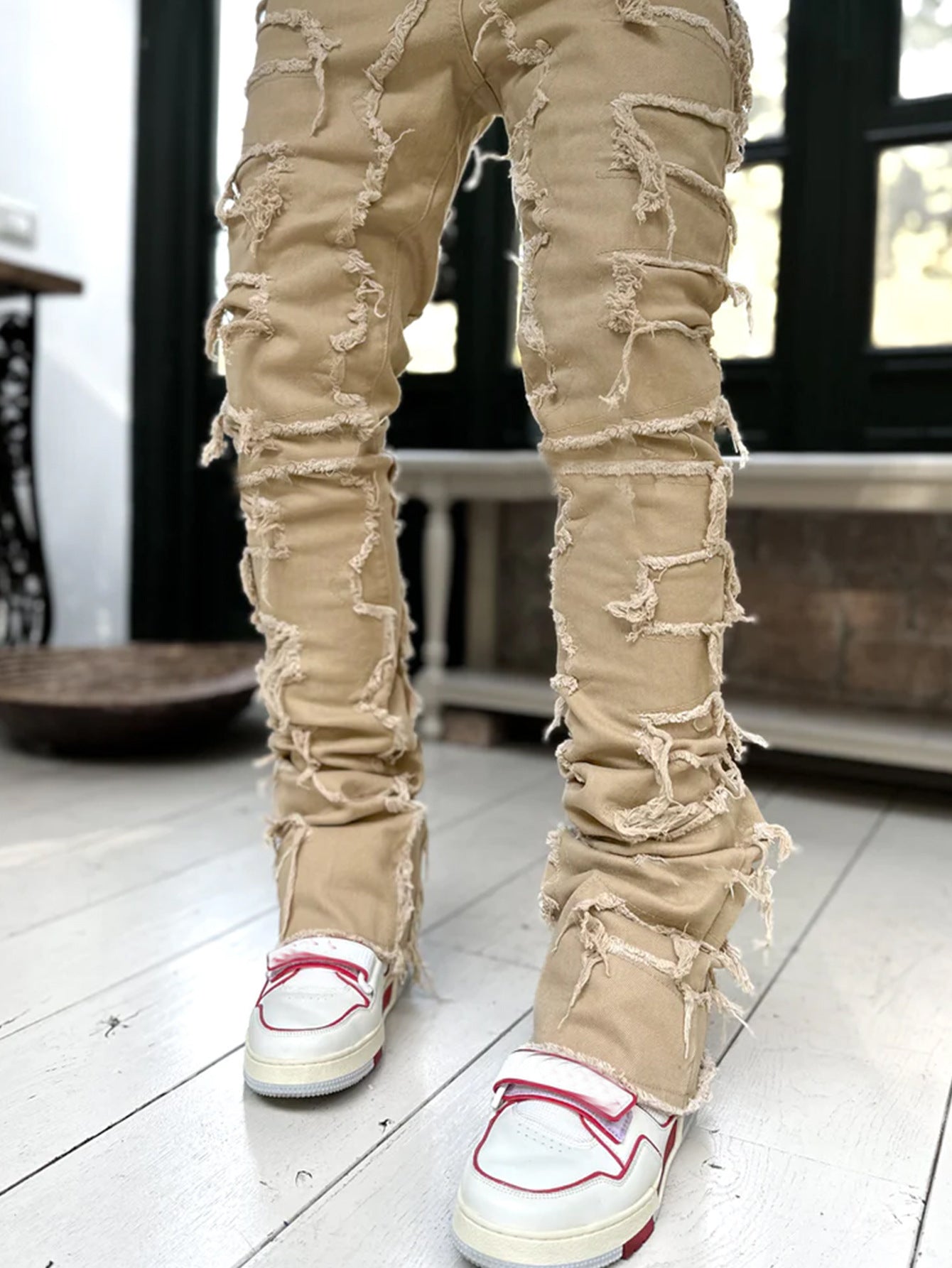 Men Patched Pants Long Tight Fit Stacked Jeans For Mens