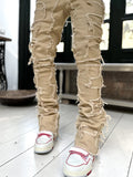 Men Patched Pants Long Tight Fit Stacked Jeans For Mens