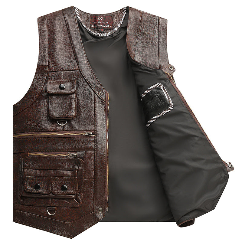 Men's  Cowhide Leather Vest Coat Sleeveless Classic Waistcoat, MotorBike Style
