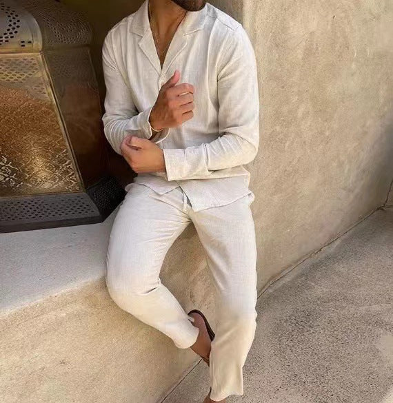 Mens Fashion Casual Long-sleeved Suits Fashion Lapel Single-breasted Shirt Top And Slim-fit Trousers Men Clothing