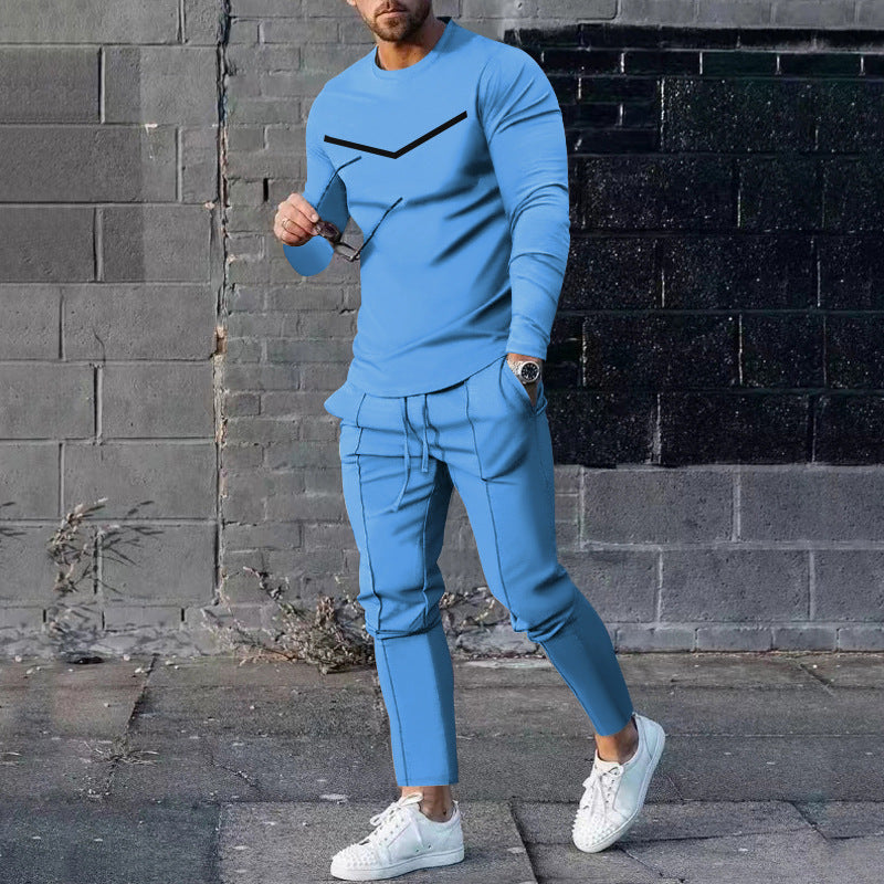 Mens Sweatsuit Round Neck Long Sleeve T-shirt Trousers Suit Men