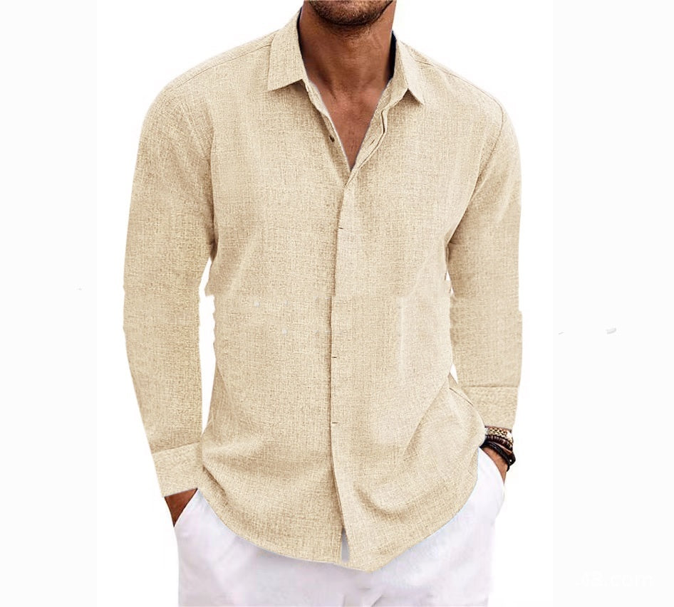 Mens Fashion Long Sleeve T-shirt Undershirt Solid Color Long Sleeve Cotton Linen Shirt Men