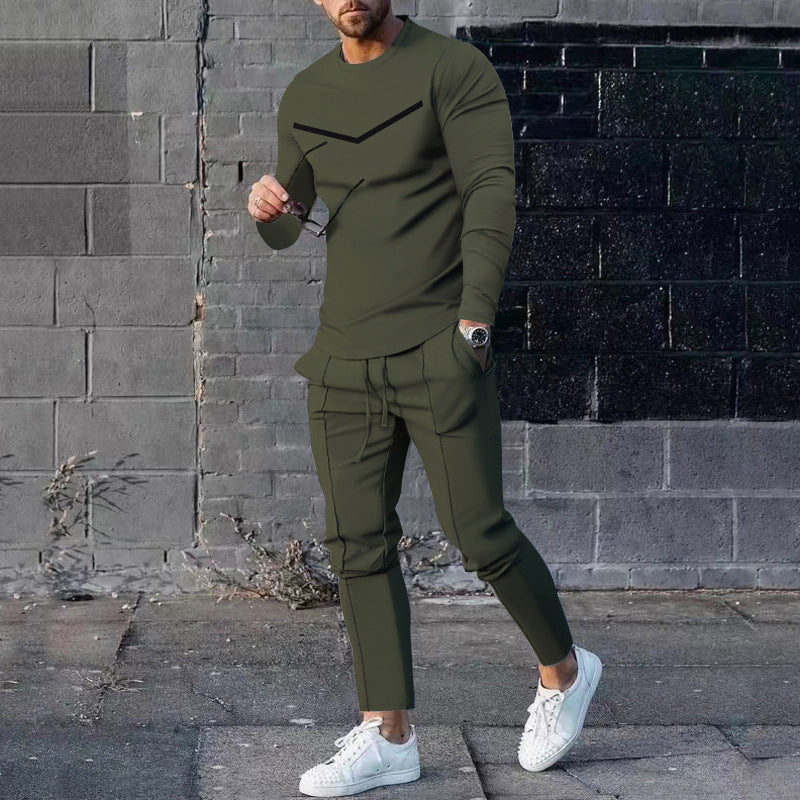 Mens Sweatsuit Round Neck Long Sleeve T-shirt Trousers Suit Men