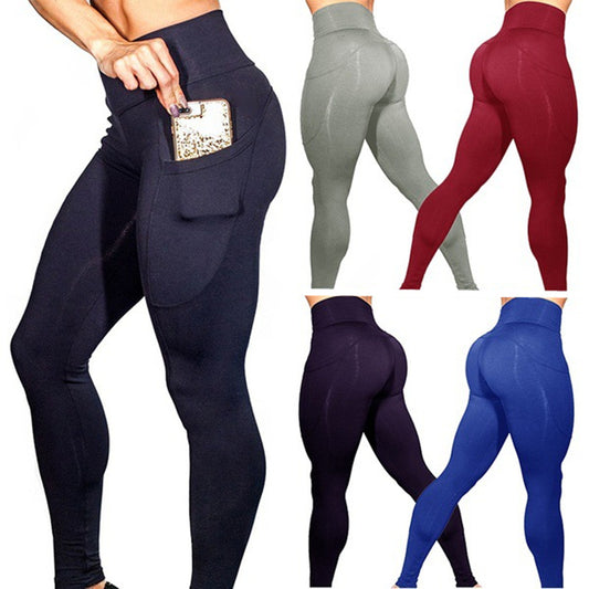Women Mobile phone pocket leggings female solid color high elastic yoga hip high waist yoga pants