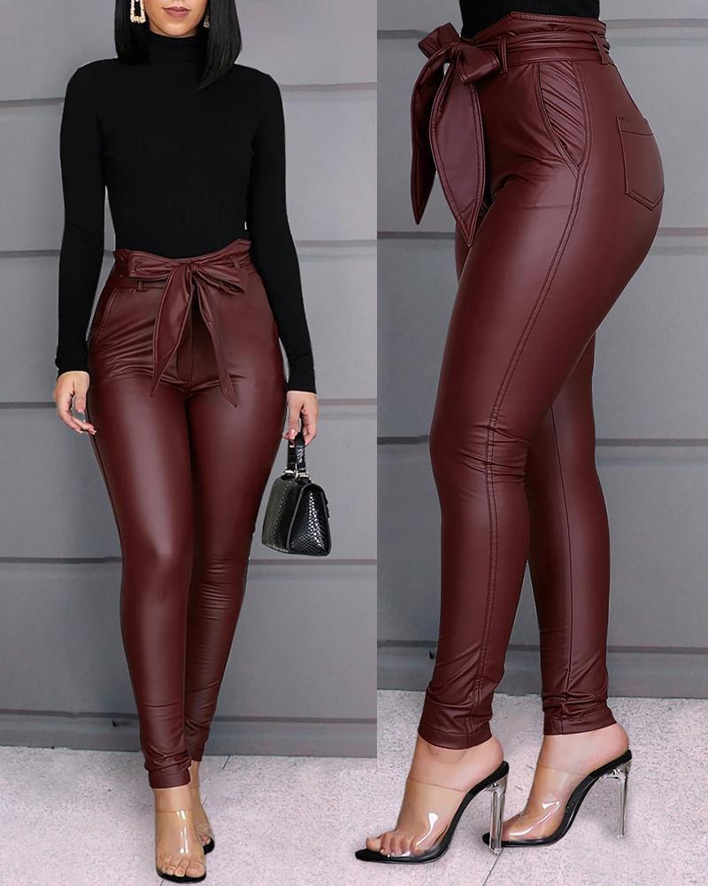 Womens Faux Leather Tie Waist Pants