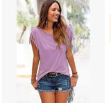 Ladies Europe and America big size round neck short sleeve cuffs tassel T-shirt cotton tops