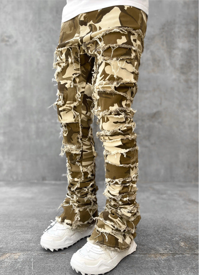 Men Patched Pants Long Tight Fit Stacked Jeans For Mens