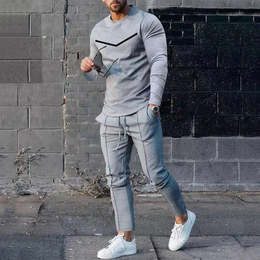 Mens Sweatsuit Round Neck Long Sleeve T-shirt Trousers Suit Men