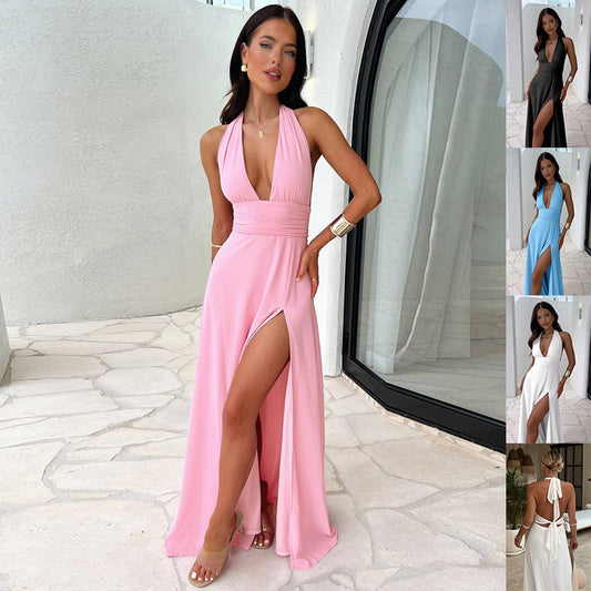 Womens Sexy Halterneck V-neck Slit Dress Summer Backless Strappy Skirt Fashion Temperament