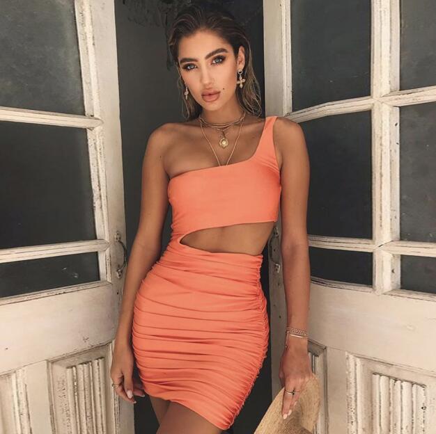 Womens Slim One-shoulder Short Dress Sexy Fashion Hollow Mini Dresses