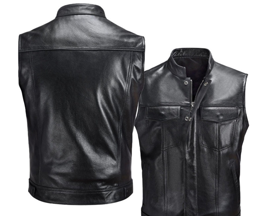 Men's Leather Waistcoat Vest Zipper Button  Motorbike Tops