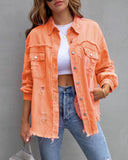 Distressed denim shirt oversized jacket frayed hem ripped shacket neon colours