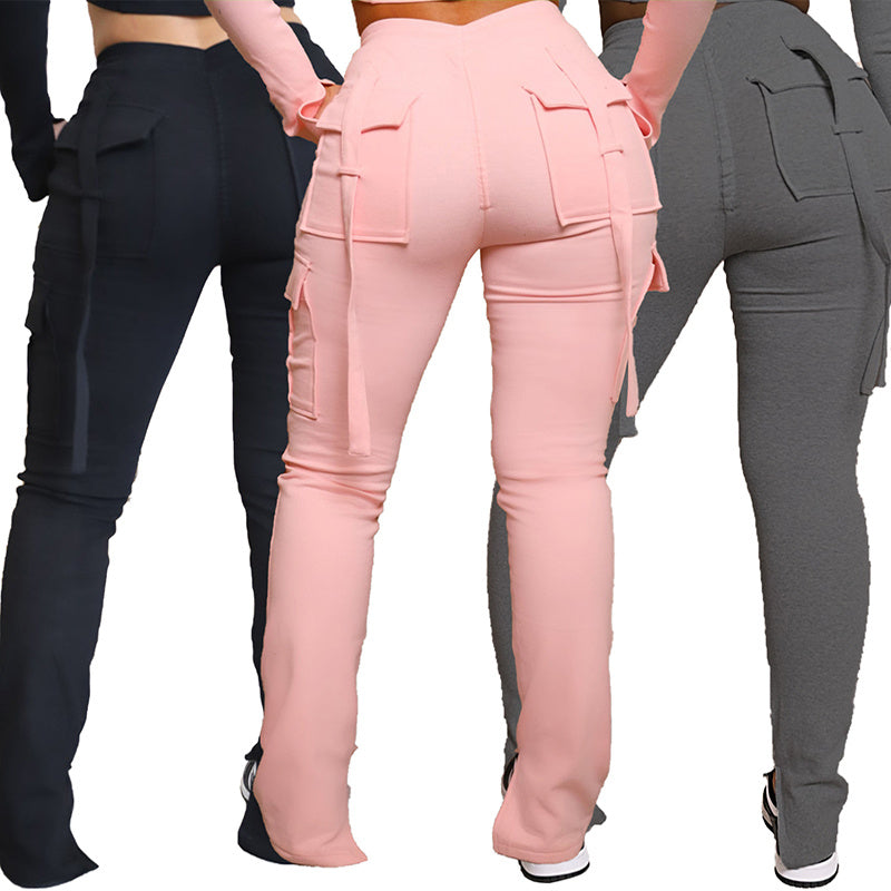 Womens Cargo Pants With 6 Pockets High Waist Drawstring Wide Leg Straight Trousers