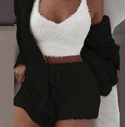Womens Clothing 3 pcs Long Sleeve Crop Tank Top And Drawstring Shorts Pajama Set