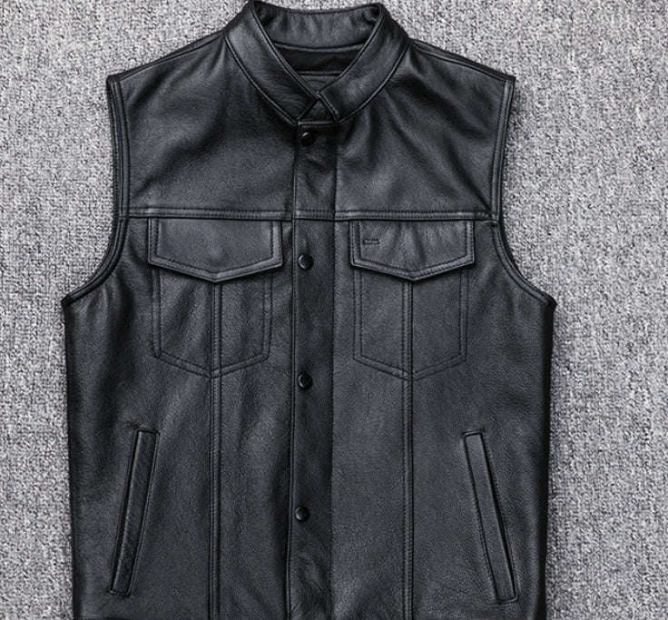 Men's Leather Waistcoat Vest Zipper Button  Motorbike Tops