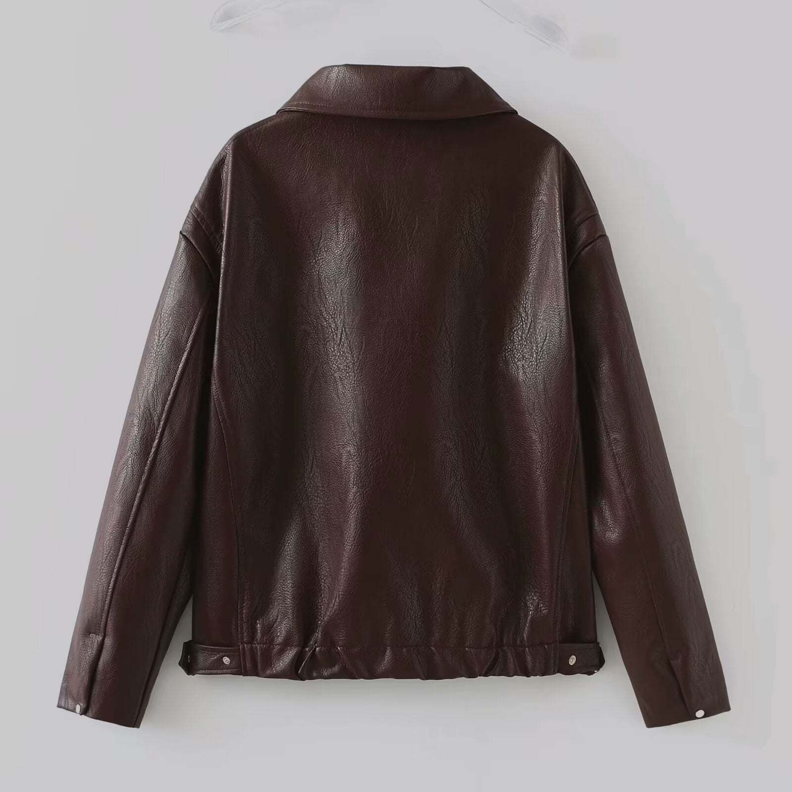 Womens faux Leather Jackets Solid Color Lapel Zipper Long Sleeve Leather Coat