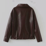 Womens faux Leather Jackets Solid Color Lapel Zipper Long Sleeve Leather Coat