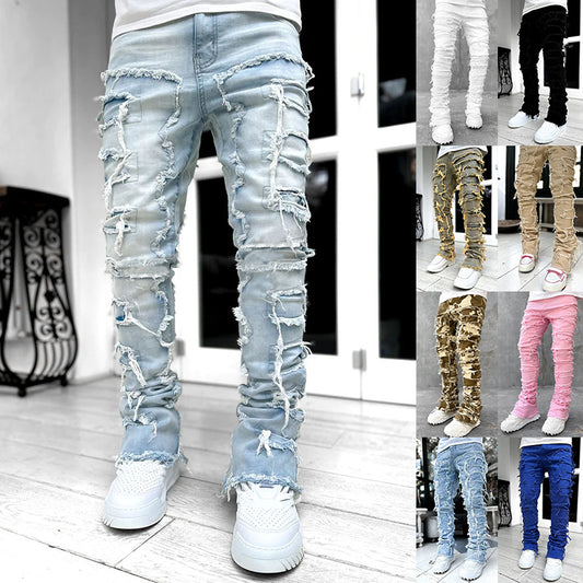 Men Patched Pants Long Tight Fit Stacked Jeans For Mens