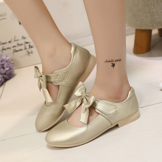 Youth Kids Girls Leather Shoes Fashion Bow Princess Party Dress Dance Flat Shoes
