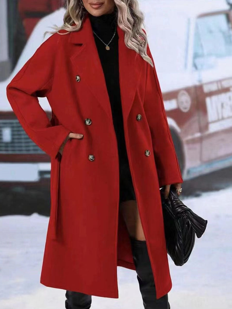 Womens British Style Double Breasted Lapel Collar Belt Trench Outwear Overcoat