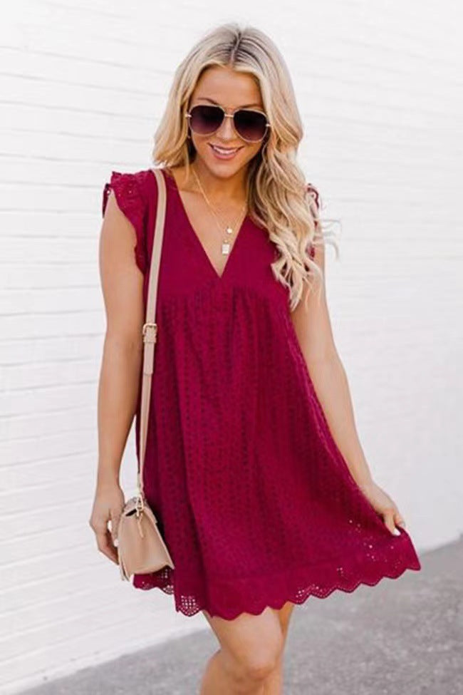 ladies Lace Dresses With Pocket Summer Sleeveless Jacquard Cutout V-Neck Beach Dress