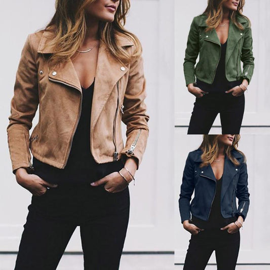 Womens Fashion Jackets Lapel And Diagonal Zipper Short