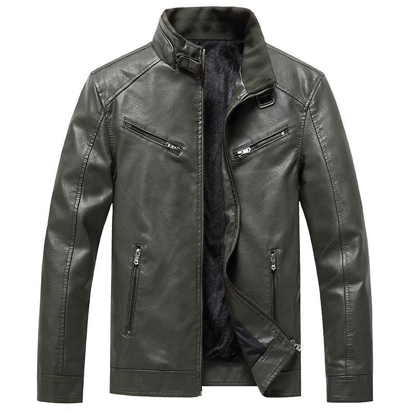 Mens Bomber Faux Leather Jacket Stand Collar Fleece Lined