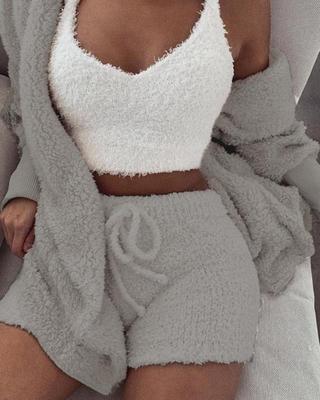 Womens Clothing 3 pcs Long Sleeve Crop Tank Top And Drawstring Shorts Pajama Set