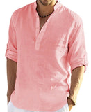 Men's Casual Baggy Cotton Linen Solid Long Sleeve Pocket Stand Collar Shirts Top