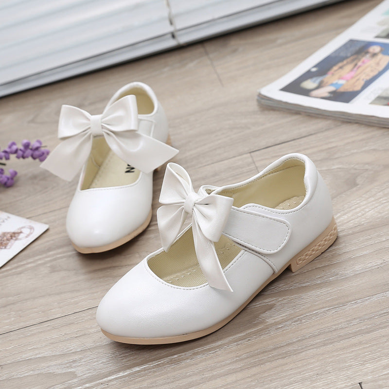 Youth Kids Girls Leather Shoes Fashion Bow Princess Party Dress Dance Flat Shoes