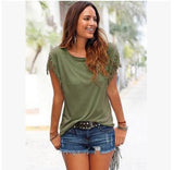Ladies Europe and America big size round neck short sleeve cuffs tassel T-shirt cotton tops