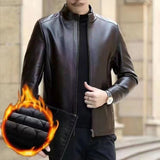 Mens Leather Jacket Stand Collar Men Fleece-lined