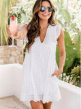 ladies Lace Dresses With Pocket Summer Sleeveless Jacquard Cutout V-Neck Beach Dress