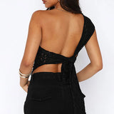 Women's Top Solid Lace Backless One Shoulder Hanging Neck Vest