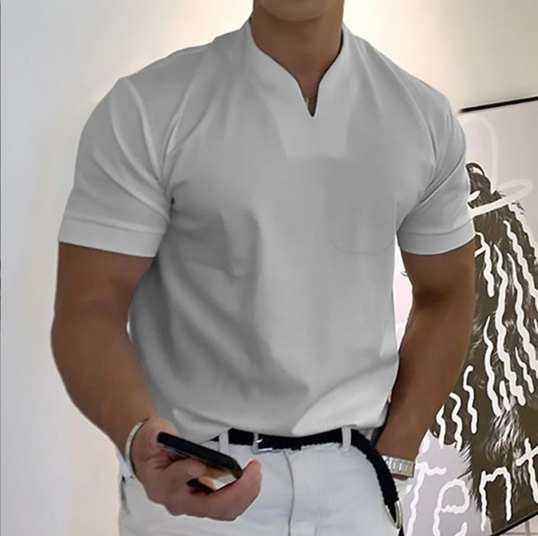 Mens Summer Short Sleeve Shirt Men Fitness Plus Size Sports T-Shirt Elastic Cotton Pocket