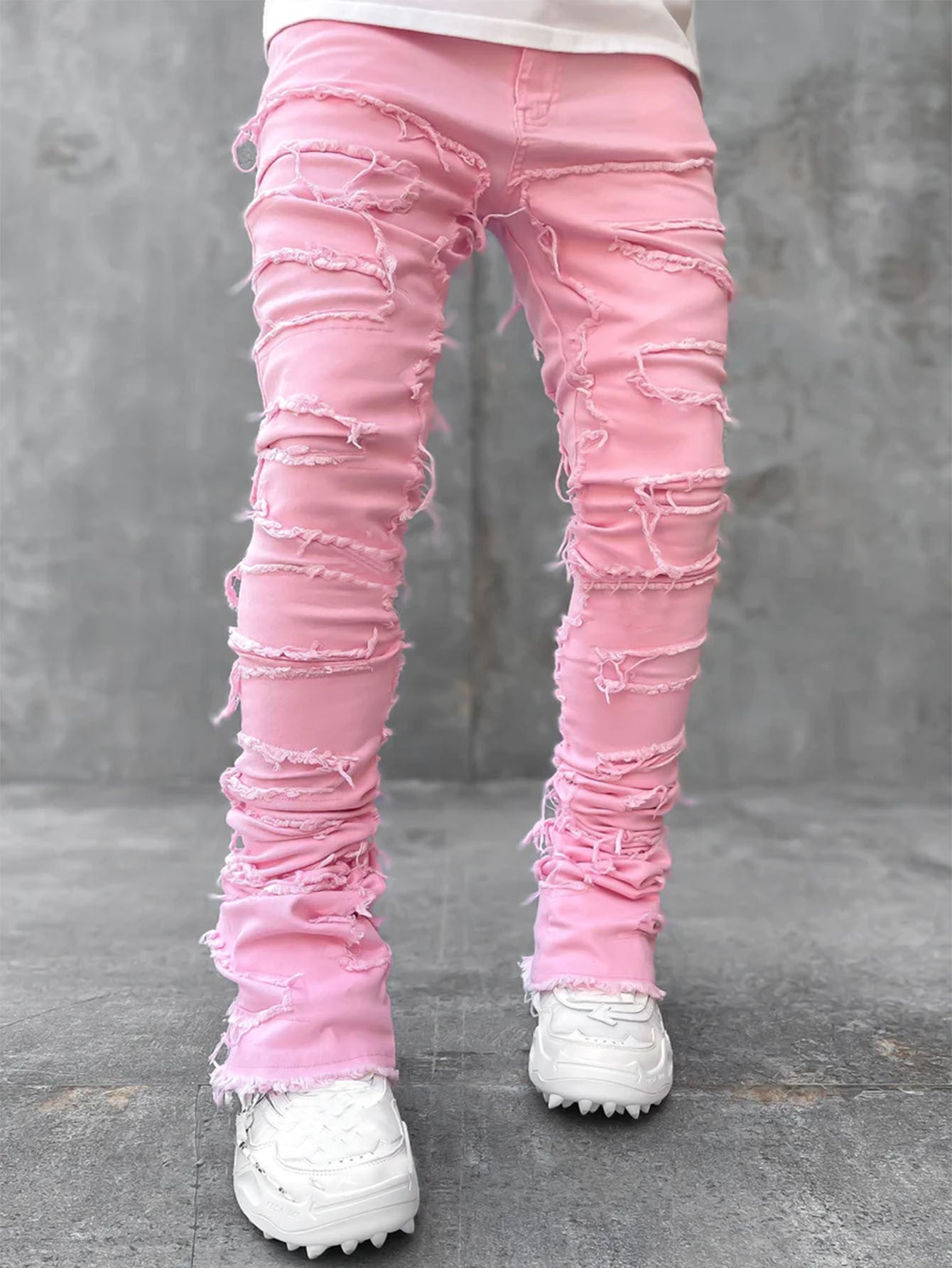 Men Patched Pants Long Tight Fit Stacked Jeans For Mens