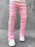 Men Patched Pants Long Tight Fit Stacked Jeans For Mens