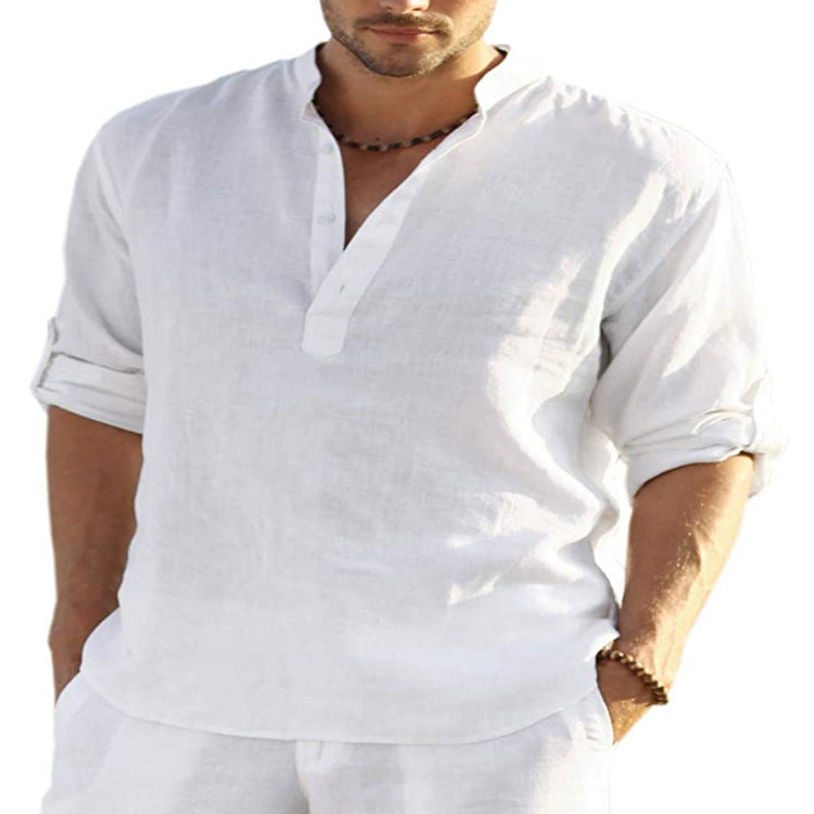 Men's Casual Baggy Cotton Linen Solid Long Sleeve Pocket Stand Collar Shirts Top