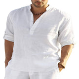 Men's Casual Baggy Cotton Linen Solid Long Sleeve Pocket Stand Collar Shirts Top