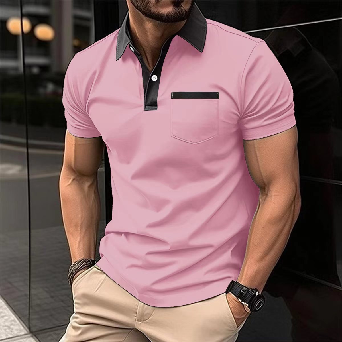 Mens Polo Shirt Lapel Fashion Slim Pocket Short-sleeved Oxford Tshirt
