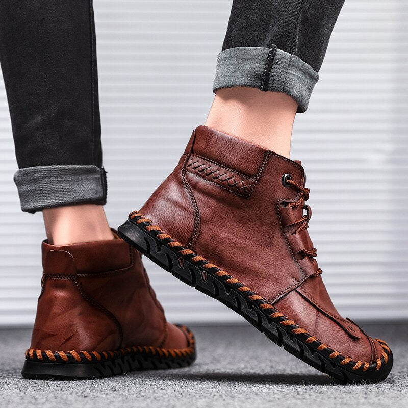 Mens Casual Leather Shoes Ankle Chukka Boots Slip On Lightweight Loafers Mid top Walking Driving Shoes for Male